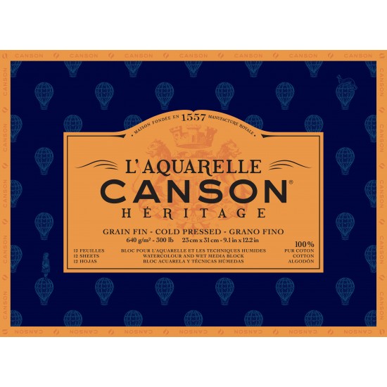 CANSON 31*23 ® HÉRITAGE AQUARELLE 640 GSM COLD PRESSED BLOCKS GLUED 4 SIDES 12 SHEETS 100% COTTON PAPER